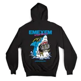 Canguro gris con capucha y bolsillo delantero, con estampado del logo de la marca Emexem en el frente y un tiburón de fiesta en la espalda.