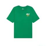 Remera de manga corta color verde, con cuello redondo y un pequeño estampado frontal que incluye el logo de Nike y un diseño de rayos solares en amarillo.