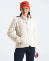 Campera gris acolchada con cierre frontal, cuello alto con interior de piel sintética y logo de la marca bordado en el pecho.