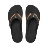 Ojotas Reef Cushion Dawn negras con plantilla marrón y logo en la tira.