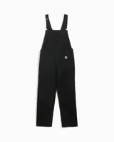 Mono enterizo negro de corte recto, con cintura normal con cierre de botón, pierna recta de largo completo, dos bolsillos laterales oblicuos, dos bolsillos deslizantes en la parte inferior y bolsillo tipo canguro en la parte delantera.