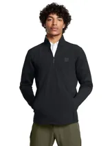 Buzo negro de cuello alto con cierre de medio largo, mangas largas y bolsillos laterales. Presenta logo en el pecho. Ideal para actividades al aire libre.