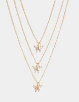 Set de tres collares dorados con dije de mariposa con strass y dije rectangular con la inscripción "BFF".