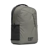 Mochila Caterpillar modelo Explorer Backpack, color verde oliva/taupe, con diseño aerodinámico. Cuenta con compartimento principal con bolsillo acolchado para laptop, bolsillo frontal con cremallera y cordón, bolsillos laterales de malla, y correas de hombro y panel trasero acolchados. Fabricada en poliéster reciclado.