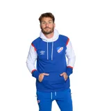 Canguro de fútbol Umbro del Club Nacional de Football, color azul con mangas blancas y detalles en rojo. Incluye capucha con cordones blancos, bolsillo tipo canguro y escudo del club bordado en el pecho.