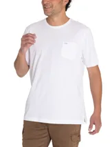 Remera celeste de algodón orgánico, corte regular fit, con cuello redondo y bolsillo en el pecho con logo bordado de la marca.