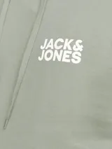 Canguro verde claro con capucha y cordones ajustables. Tiene un bolsillo tipo canguro en la parte delantera y el logo de Jack & Jones estampado en blanco en el pecho.