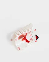 Broche para el pelo tipo pinza, de acrílico transparente con diseño de gato de la suerte en blanco y detalles en rojo y negro.