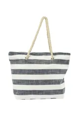 Bolso tipo tote con rayas horizontales blancas y azules, asas de soga y cierre superior.