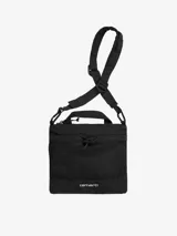 Bolso bandolera Carhartt WIP modelo Irwin, color negro. Cuenta con compartimento principal con cierre de cremallera, bolsillo lateral de malla, bolsillo frontal con cierre a presión, asa de mano y correa bandolera ajustable. Logo de la marca estampado en blanco en la parte inferior.