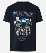 Remera negra de algodón con estampa de tres perros astronautas y lettering "Astrodogs".