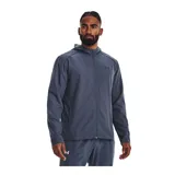 Campera deportiva Under Armour Launch Hooded Jacket, color gris azulado, con cierre frontal completo, capucha y logo en el pecho.