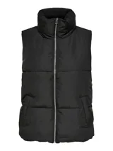 Chaleco acolchado negro con cuello alto y cierre frontal con cremallera.