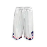Bermuda deportiva blanca de poliéster con cintura elástica, cordón de ajuste interno y ruedo con ribete azul y rojo. Presenta el escudo del Club Nacional de Football y el logo de Peak bordados.