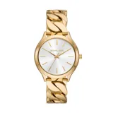 Reloj Michael Kors modelo Runway, color dorado con esfera plateada, caja de acero inoxidable de 38mm y pulsera de eslabones gruesos.