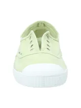 Zapatilla slip-on color verde claro, de algodón orgánico, con puntera de goma blanca y suela de goma blanca.