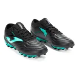 Championes de fútbol Joma Powerful 2501 para hombre, color negro con detalles en verde agua. Fabricados en material sintético PVC resistente, con lengüeta liviana, cordones clásicos y talonera EXO COUNTER. Suela de material sintético para terrenos firmes.