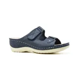 Sandalia azul marino con plantilla de cuero, ajuste con velcro y suela blanca.