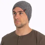 Gorro beanie unisex Merrell de punto jaspeado en tonos grises, con etiqueta de la marca en el lateral.