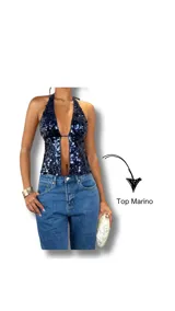 Top halter azul marino con lentejuelas y abertura frontal.