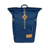 Mochila Jansport Hatchet Rolltop color azul con detalles en marrón y gris. Cuenta con compartimento principal con cierre enrollable, bolsillo frontal con solapa y hebilla, bolsillos laterales y asa superior.