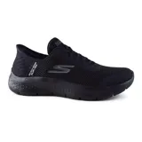 Championes deportivos Skechers Go Walk Flex color negro, estilo slip-on, con capellada de malla y material sintético, cordones elásticos, plantilla Air-Cooled Memory Foam, amortiguación Ultra Go y tecnología Heel Pillow.