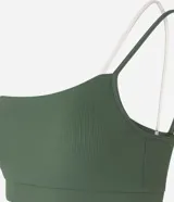 Top deportivo verde militar de microfibra acanalada, con un solo bretel fino color crema.