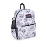 Mochila Jansport modelo Cross Town de 26 litros, color blanco con estampado de dibujos en negro. Incluye logo de la marca en el frente, bolsillo frontal con cierre, un compartimento principal con cierre y un bolsillo lateral de malla.