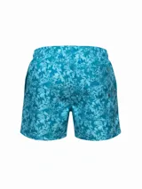 Short de baño azul con estampado de hojas y cordón ajustable en la cintura.