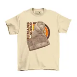 Remera de algodón color beige con estampado frontal de ET envuelto en una manta, dentro de una caja, haciendo un gesto obsceno con el dedo medio. A su lado, el texto "HUMANS SUCKS!".