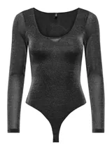 Body negro con glitter plateado, de manga larga y escote redondo.