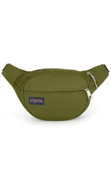 Riñonera JanSport Fifth Avenue color verde oliva, con dos compartimentos con cierre y logo de la marca bordado en el frente.