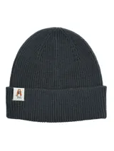 Gorro beanie de lana color gris oscuro, con parche con el logo de Hush Puppies en el frente.