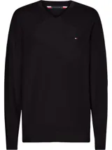 Sweater negro de tejido de punto, con cuello en V y logo de Tommy Hilfiger bordado en el pecho.
