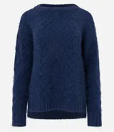 Suéter azul marino de chenille con cuello redondo y mangas largas.