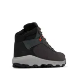 Bota de senderismo Columbia Newton Wander para hombre, color gris oscuro con detalles en negro y naranja. Fabricada en cuero impermeable con tecnología Omni-Tech y suela de caucho Omni-Grip para mayor tracción.