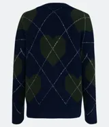 Cárdigan azul marino de tejido de punto con cuello en V, cierre frontal con botones y estampado de rombos argyle con corazones en verde y blanco.