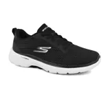 Zapatillas deportivas Skechers GOwalk 6™ - Bold Vision, color negro con detalles en blanco. Capellada de malla brillante en punto knit con cordones elásticos, media suela ligera con amortiguación ULTRA GO, plantilla Air-Cooled Goga™ Mat y tecnología Hyper Pillar™ con alto retorno de energía.