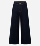Pantalón wide leg de jeans con elastano, de tiro medio, con bolsillos delanteros y traseros.