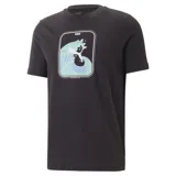 Remera negra de algodón con cuello redondo y manga corta. Estampado frontal con diseño de una ola enmarcada y logo de Puma.