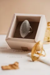 Anillo plateado con diseño texturizado y forma ovalada. Elaborado en acero quirúrgico.