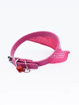 Collar negro de cuero sintético con hebilla plateada, bandana estampada en blanco y negro y cascabel rojo.