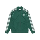Campera deportiva Adidas Superstar de color verde con tres rayas blancas en las mangas y logo de Adidas bordado en el pecho.