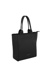 Cartera tipo tote bag de cuero sintético negro con textura granulada, asas de mano y cierre de cremallera. Incluye un bolsillo exterior y el logo de la marca en la parte frontal.