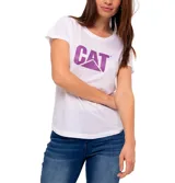 Remera blanca de algodón con cuello redondo y logo CAT estampado en color violeta.