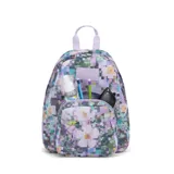 Mochila Jansport modelo Half Pint con estampado floral pixelado en tonos violeta, lila, celeste y blanco.