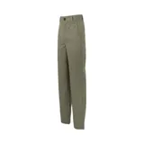 Pantalón de gabardina color verde oliva, corte recto, con bolsillos laterales, traseros y utilitario en el muslo.