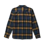 Camisa de franela a cuadros azul, ocre y negro, de manga larga, con cuello clásico, cierre frontal con botones, bolsillo de parche en el pecho y corte recto.