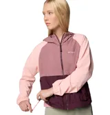 Campera Columbia Spire Valley Wind con capucha, color lila con bloques en azul y verde agua. Cuenta con tecnología termorreflectante Omni-Heat™ y repelente al agua Omni-Shield™.