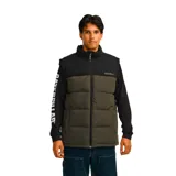 Chaleco inflable negro y verde militar con cierre frontal, bolsillos con cierre y logo de Caterpillar en el pecho.